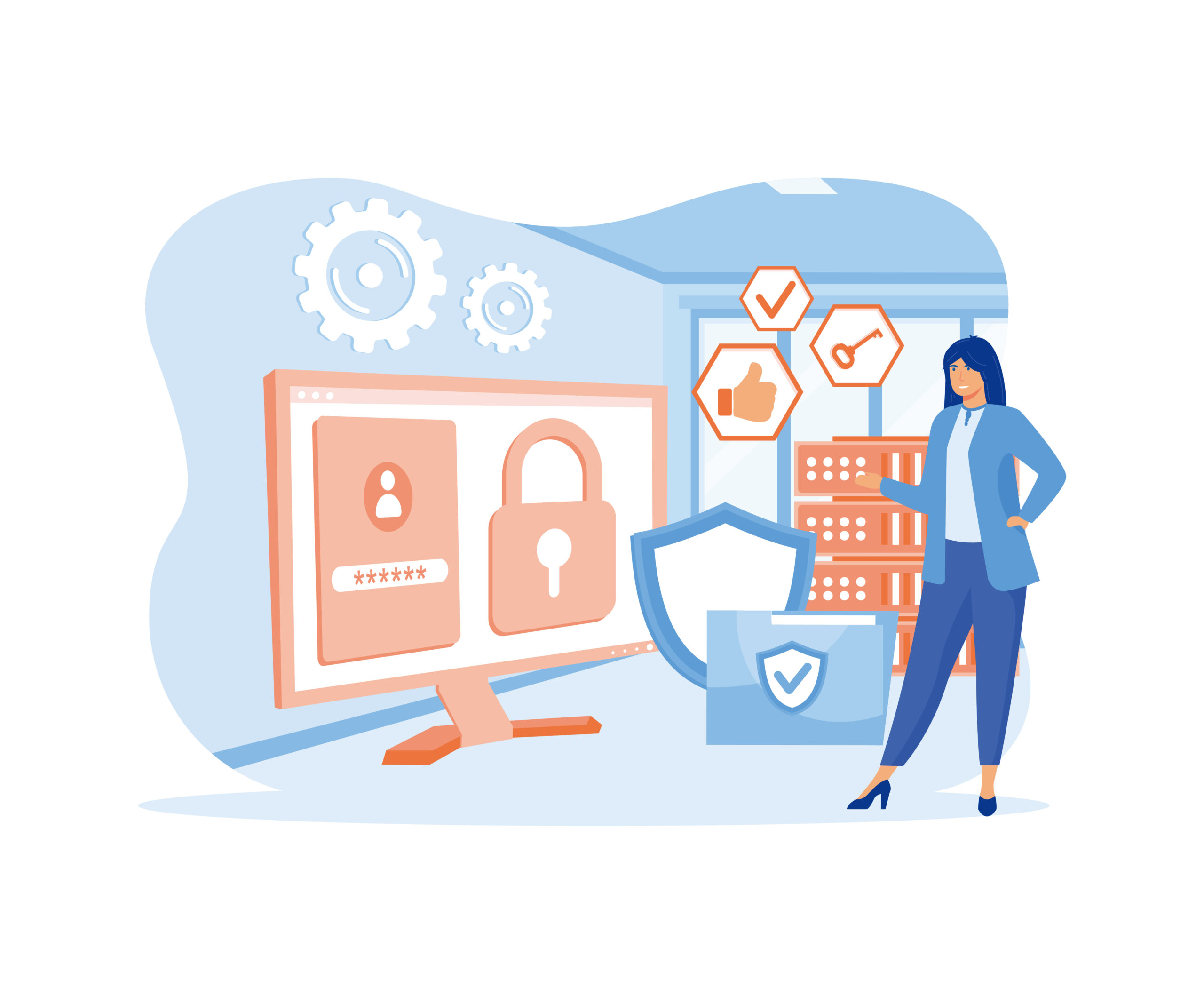 Computer Security, Privacy Data Protection in Internet, Virtual Private Network Concept. Pc Desktop with Shield and Lock on Screen, Protected Archive Folder. flat vector modern illustration